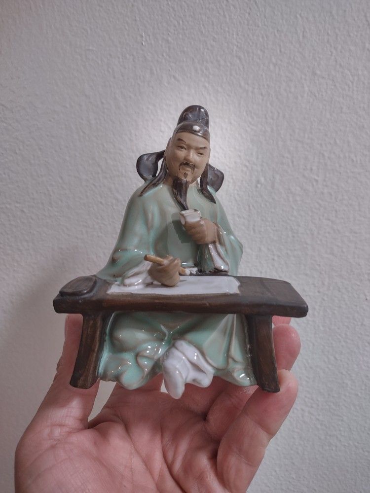 Chinese Poet Li Bai Porcelain Figurine Shiwan Ceramic Mudman Statue Asian Shekwan Green Brush Table Bonsai Figure MARKED 石灣 李白 Vintage 4.75".