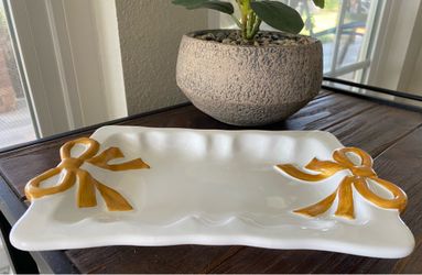 White Ceramic Tray with Gold Bows