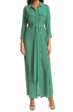 L'AGENCE Cameron Stripe Long Silk Shirtdress