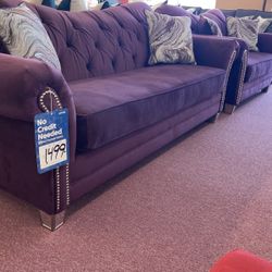 🇺🇸HUGE Blowout Furniture Sale!🇺🇸 Brand New Purple Sofa Loveseat Set W/ Nailhead Trim & Accent Pillows Included! $50 Down Takes It Home Today!