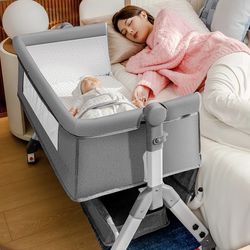 Baby Crib, Easy Folding Portable Crib, Bedside Bassinet, Adjustable Height,Comfy Mattress Included, Folding Portacot Crib with Wheels(Color:Gray)