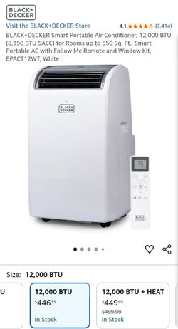 NEW-NO BOX-BLACK+DECKER Smart Portable Air Conditioner, 12,000 BTU (8,350 BTU SACC) for Rooms up to 550 Sq. Ft., Smart Portable AC with Follow Me Remo
