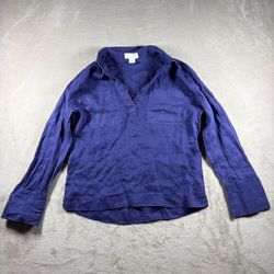 Martha Stewart Collection 100% Linen Blouse Size S Blue 3/4 Sleeves Side Slit#7A