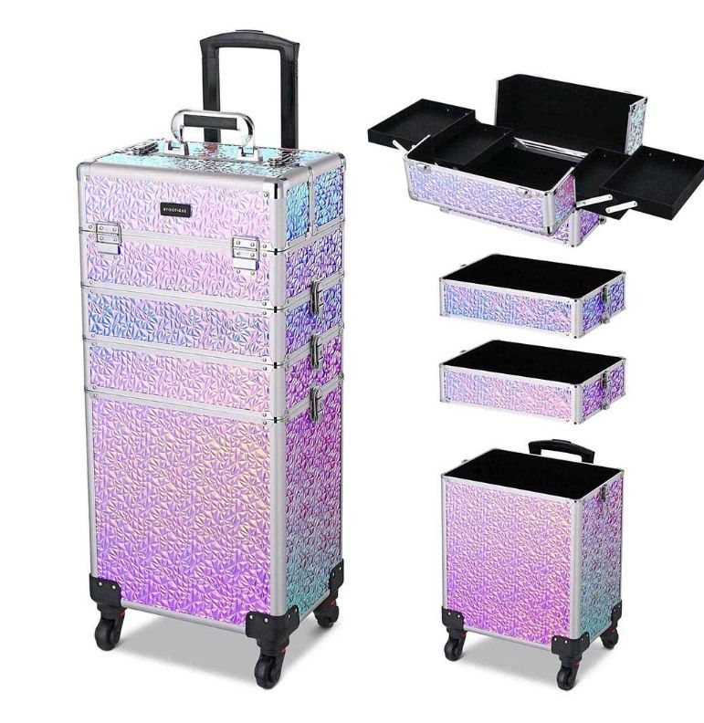 Byootique 4 in 1 Rolling Makeup Case Aluminum Keylock - Portable Makeup Organizer (Color Opt: Mermaid Purple) - Christmas Sale