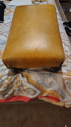 Tan Leather Footstool with Ornate Legs