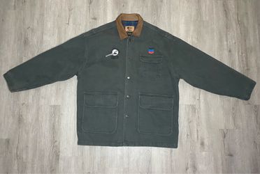 iD Wear Chore Jacket Men's XL Olive Green Cotton Canvas Work Plaid Lined Chevron