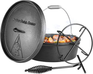 O576 $40 Dutch Oven Pot with Lid, 12 Quart Cast Iron Dutch Oven, without Feet, with Stand & Spiral-shaped Handle, Cast Iron Pot for Outdoor & Indoor,