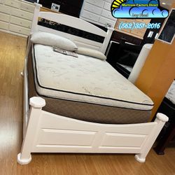 White Pinewood Bed Frame Queen Royal Memory Foam Set 