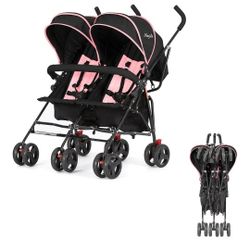 New Pink Souble Stroller Side By Side (Front Bumper Broken)