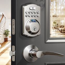 Veise Fingerprint Door Lock with 2 Lever Handles - Keyless Entry Door Lock, Electronic Keypad Deadbolt & Front Door Lock Handle Sets, Auto Lock & 1 To