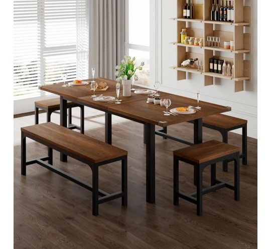 Dining Table Se And Bench t for 4-8 People, Extendable Kitchen Table Set with 2 Benches and 2 Square Stools, Mid-Century Dining Room