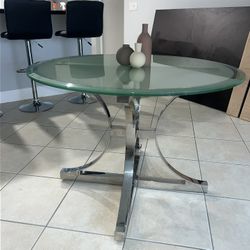 Modern Tempered Frosted Glass Round Dining Table With Silver Chrome Curved Legs