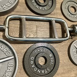 Triceps Bar With Vintage Cast Iron Weight Plates  25s  Plus  10s And  5s [ Total Weights: 100 lbs]