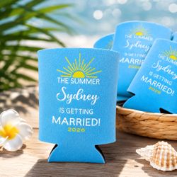 Personalized Bachelorette Can Cooler | Custom Wedding Koozie | Bride Tribe Party Favor | Beach Bachelorette Drink Sleeve