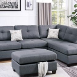 Gorgeous Three Piece Blue Gray Sectional with storage ottoman