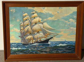 Large Vintage Hand-Painted Nautical Oil Painting – Framed Clipper Ship – Made in Mexico