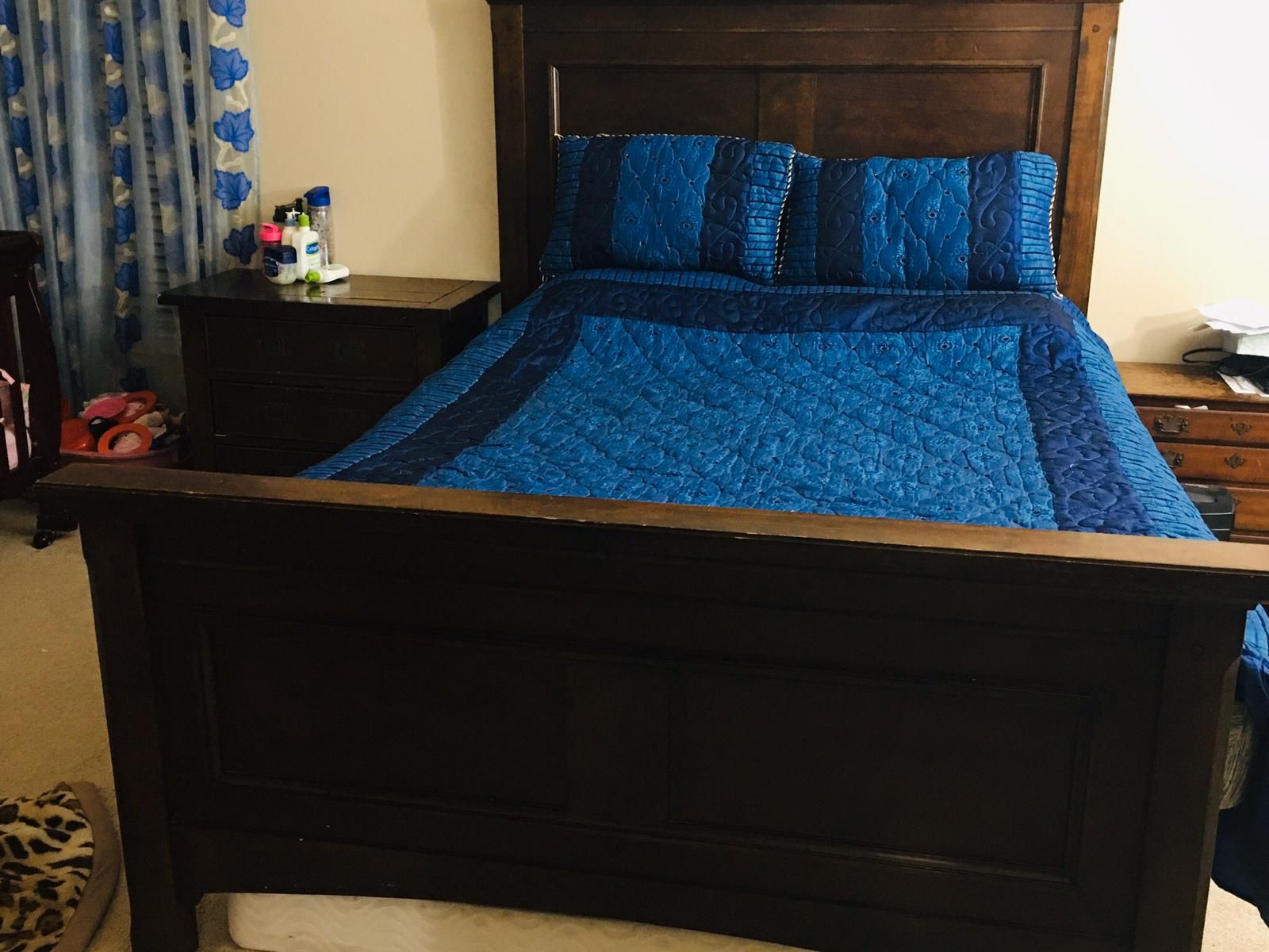 Queen Bed (solid wood ) with night stand and mirror dresser mattress not included