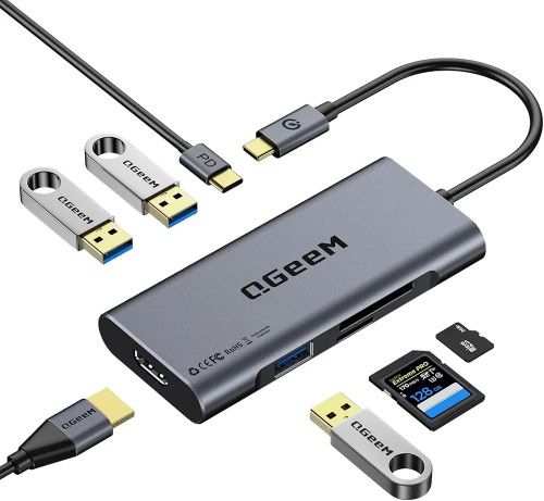 USB C Hub, QGeeM USB 4k to HDMI Adapter, 7 in 1 USB-C Dongle with 100W PD,USB 3.0, Card Reader, Compatible for MacBook iPhone 15/16 Ipad Pro max,Chrom