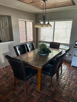 Rectangular Dining Table Set w/ 6 Chairs – Heavy Stone-Look Top
