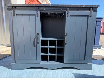 Modern Farmhouse Bar Cabinet w/ Stone Top – Sliding Barn Doors Door Blue 47" in Width Blue Finish, Wood Finish, Metal Finish