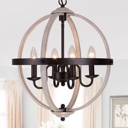 New In Box Large Chandelier, Light Fixture Lamp, Wood Orb