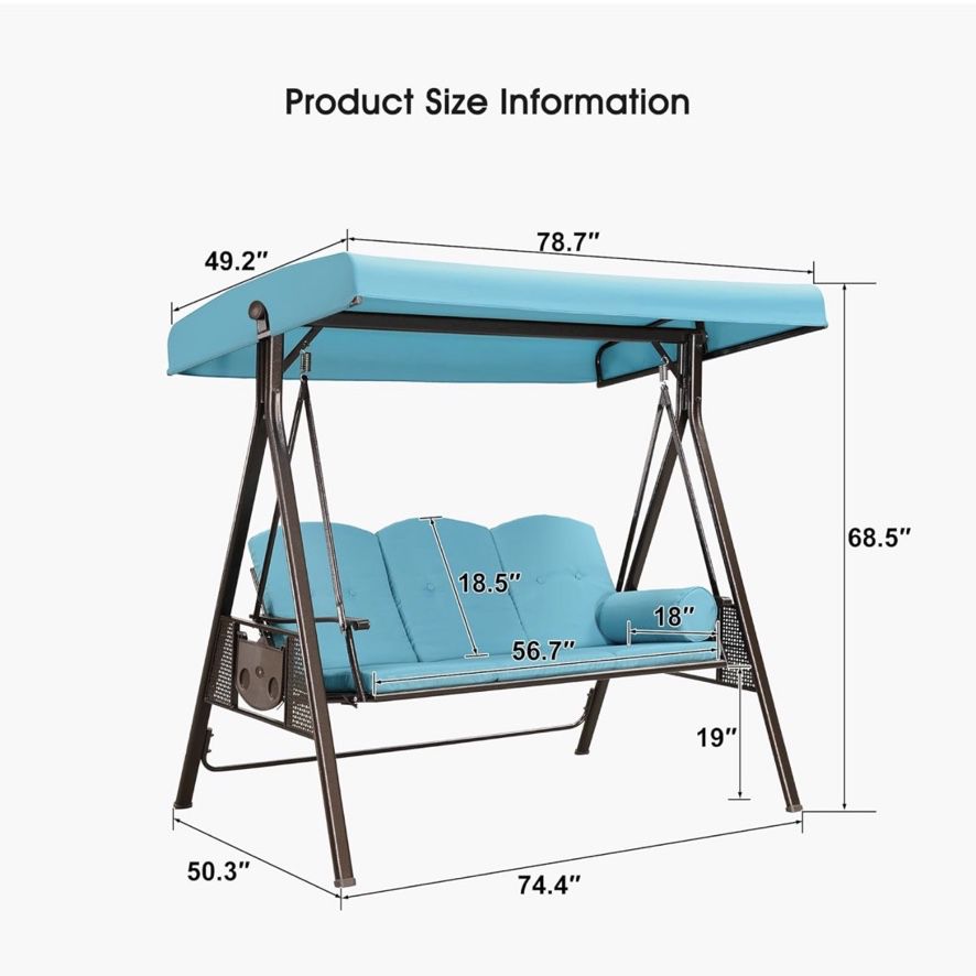 PURPLE LEAF 3-Seat Deluxe Outdoor Patio Porch Swing with Weather Resistant Steel Frame, Adjustable Tilt Canopy, Cushions and Pillow Included, Turquois