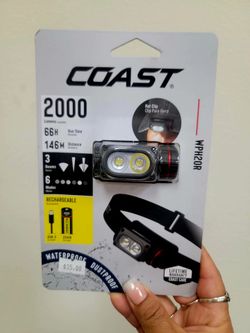 COAST WPH20R rechargeable headlamp. Has 2000 lumens, 66 hours run time, and 146 meters distance. Features 6 modes, 3 beams, a fixed focus beam system,