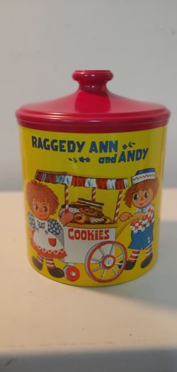 VINTAGE METAL RAGGEDY TIN COOKIE JAR