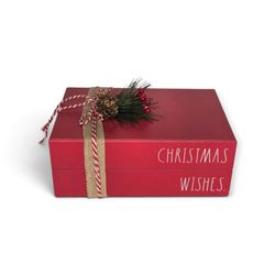 Rae Dunn Christmas Wishes Red Wooden Book Stack Holiday Decor with Pine Cones