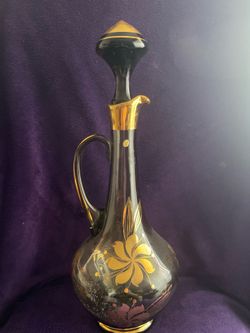 Vintage Black Glass Decanter with Stopper Gold Floral Design Barware Retro Drink Bottle