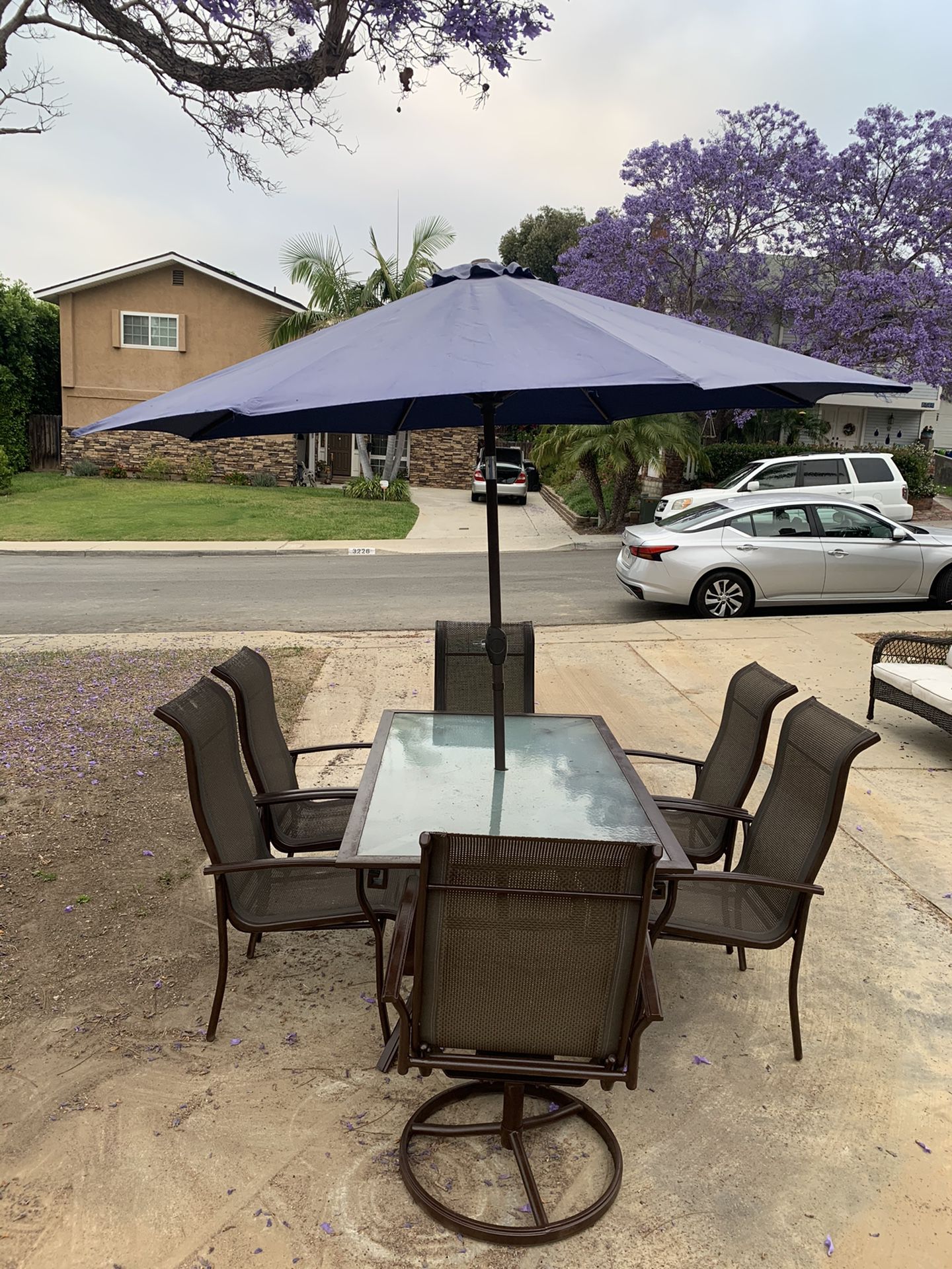 Wicker glass outdoor patio lawn dining table with 6 chairs and umbrella hole