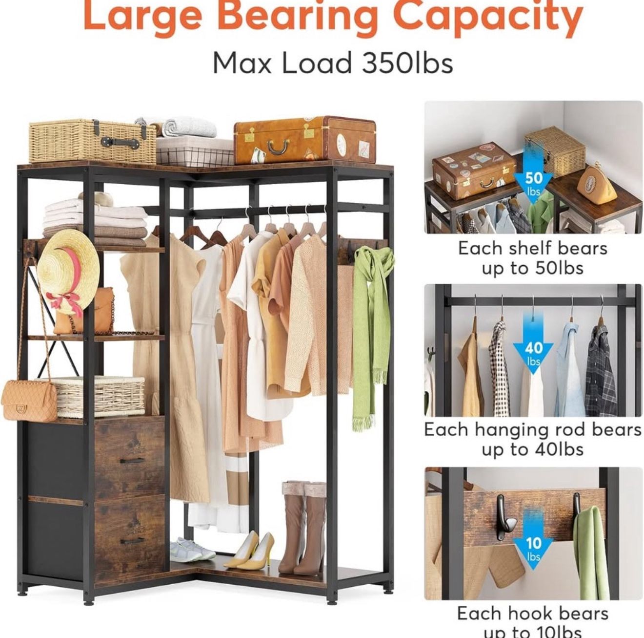 Corner Closet – L-Shape Rack w/ Shelves & 2 Drawers