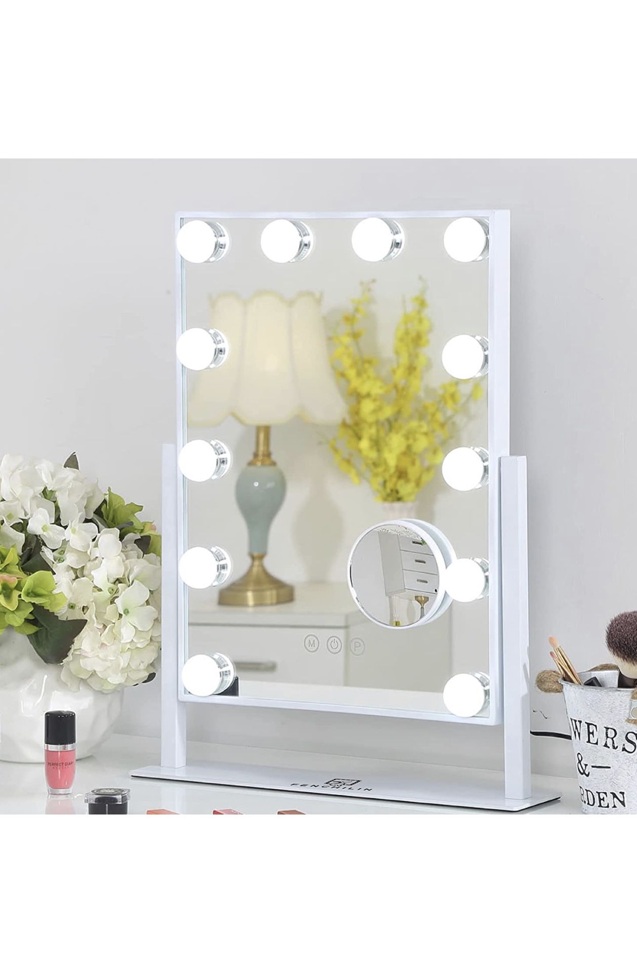 FENCHILIN Lighted Makeup Mirror Hollywood Mirror Vanity Makeup Mirror with Light Smart Touch Control 3Colors Dimmable Light Detachable 10X Magnificati