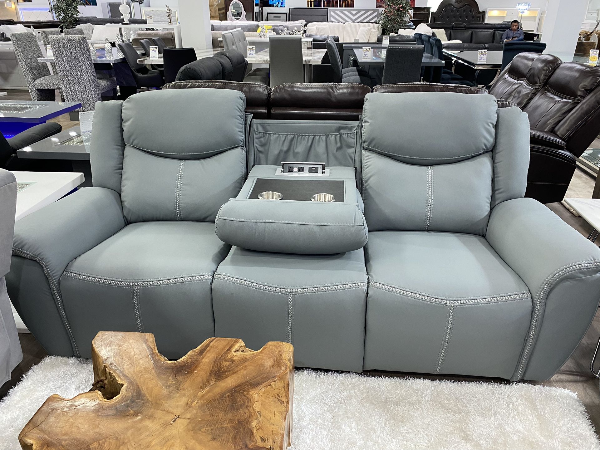 Sofa, loveseat and reclining chair, all power with five recliners