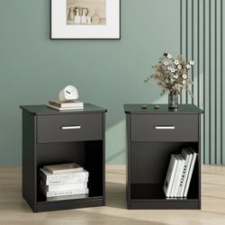 2-Tier Nightstand with Drawer & Storage Shelf, Side End Table for Bedroom Living Room Set of 2, Black
