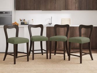 Set of 4 Counter Height Bar Stools / Green Fabric Seat / Dark Wood Frame