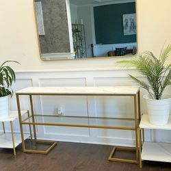 2 Square Side End Table White 40”x40”x 42” With Marble Vein 55” Console Table