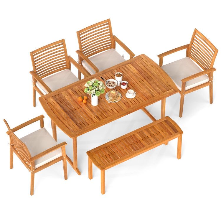6pc Patio Furniture Acacia Wood Outdoor Dining Table Set With Bench