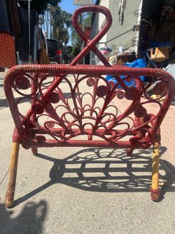 Vintage 1970s Red Rattan Magazine Holder – Statement Piece