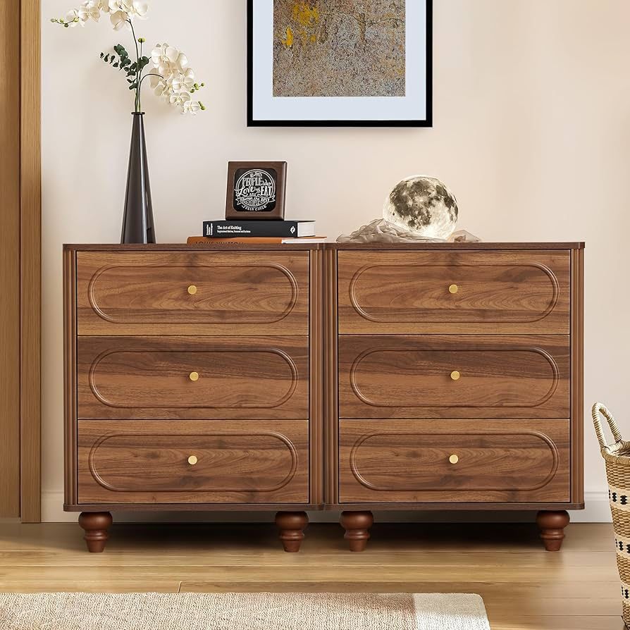 3 Drawer Fluted Dresser for Bedroom Set of 2, Mid Century Modern Chest of Drawers, Wood Storage Small Dresser Organizer for Bedroom Living Room Hallwa