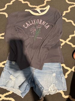 SIze 12  Girl Graphic Long Sleeve Tee & Distressed Denim Shorts