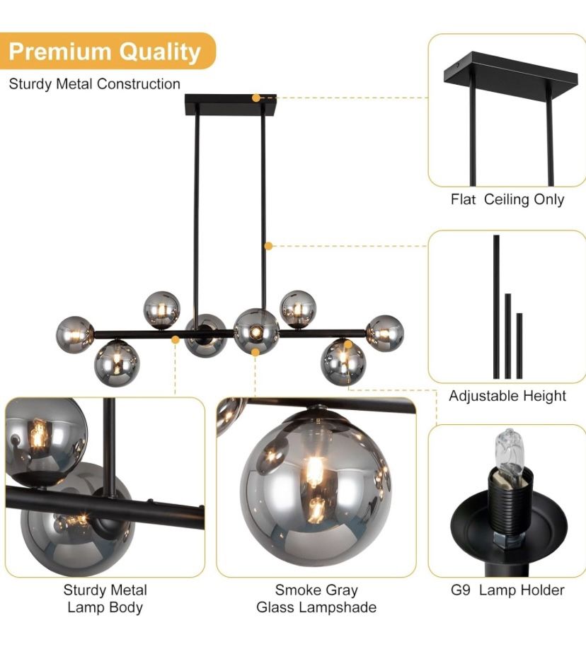 Jonsi Modern Sputnik Chandelier Lamp - 8 Lights Smoked Glass Globe, Mid-Century Black Linear Farm Ha