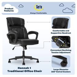Style Hannah Office Chair Bonded Leather Comfort Black - Serta: Adjustable Height, Padded Seat, Fixed Arms black