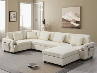 128*67 U Shaped Sectional Sofa,6 Seat Chenille Couch Set with Oversized Ottoman,Hidden Armrest Storage and Cup Holders,USB Charging Ports,Wide Seat So