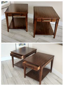 Pair of Mid Century Walnut One Dovetail Drawer Bottom Shelf Rectangle End Tables.
