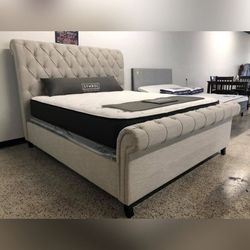 KATE GRAY KING UPHOLSTERED SLEIGH PLATFORM BED