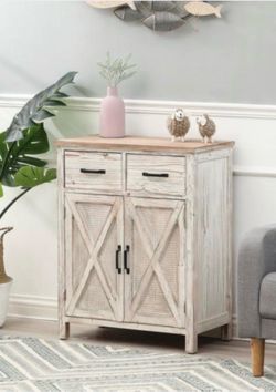 Farmhouse White and Natural Wood Storage Cabinet