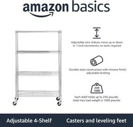 Amazon Basics 4-Shelf Adjustable Heavy Duty Storage Shelving Unit with Wheels, Metal Wire Rack with Casters and Leveling Feet, 36" x 14" x 57.8", Chro