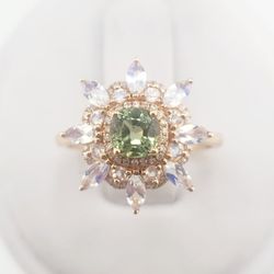 18k gold green emerald, moonstone, and diamond ring