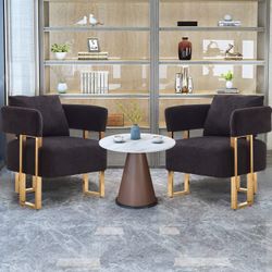 2-Set Living Room Teddy Fleece Upholstered Side Chair with Gold Metal Legs, Modern Decorative Chair, 26" L x 24.5" W x 27" H, Black+Gold